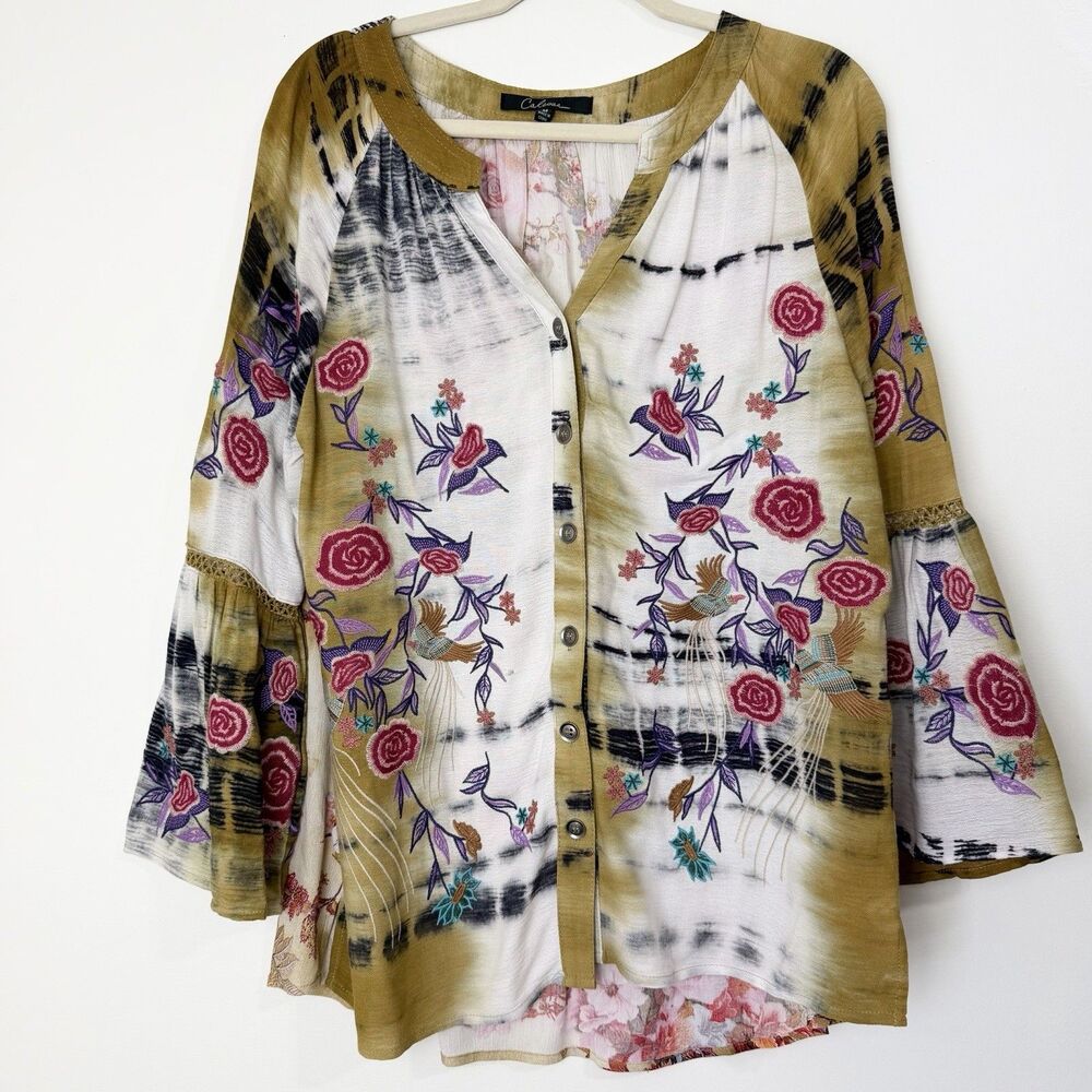 Calessa Boho Top Floral Embroidered Golden Yellow Ivory Pink Women’s M